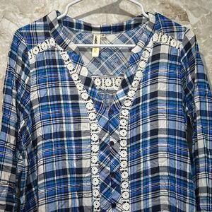 LARA Fashion Plaid Button Down‎ Top Crochet Trim Long Sleeve Shirt Size M
